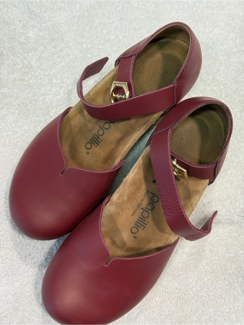 Birkenstock Women's Mary Jane Flats in Burgundy with Gold Buckles